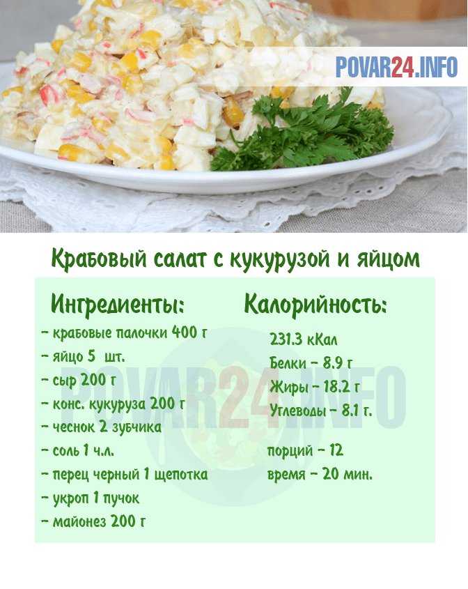 Рецепт салата из крабовых палочек, кукурузы и яйца